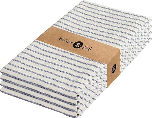 Native Fab 4 Pack Farmhouse Stripe Kitchen Dish Towels Cotton Super Absorbent Quick Drying Reusable 18x26 Inches - Bar Hand Towels, Kitchen Cleaning Towels with Hanging Loop, Milenna Blue
