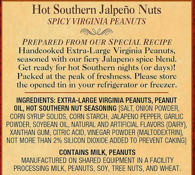 The Peanut Shop of Williamsburg Spicy Williamsburg Peanuts with Jalapeno, Onion, Garlic, Hot Nuts, Hand Cooked Virginia Peanuts, Gluten Free, Kosher - 10.5 Oz Tin