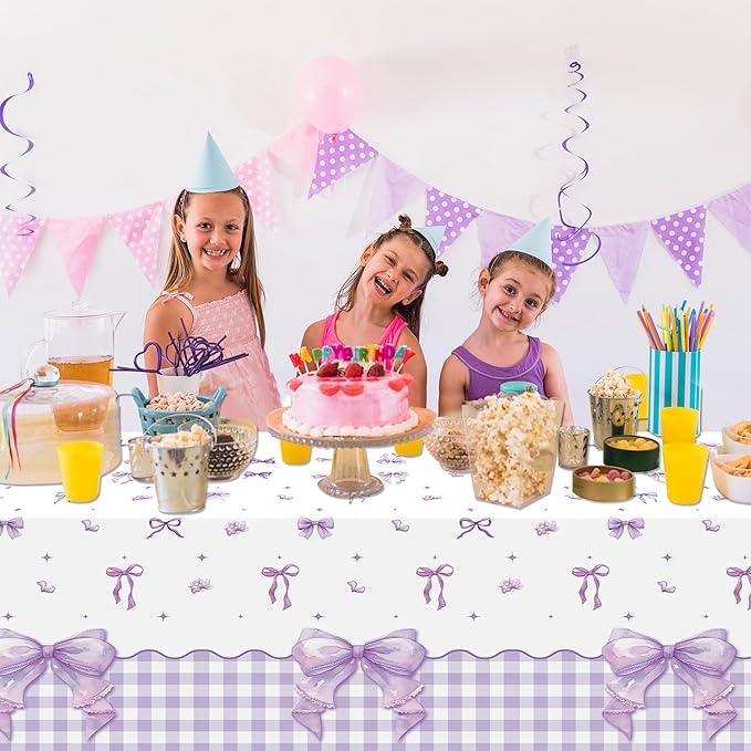 3Pcs Purple Bow Party Tablecloths - Coquette Bow Knot Party Table Covers Decorations Coquette Purple Rectangular Plastic Disposable Table Cloth Decor for Kids Girls Women Birthday Baby Shower Supplies