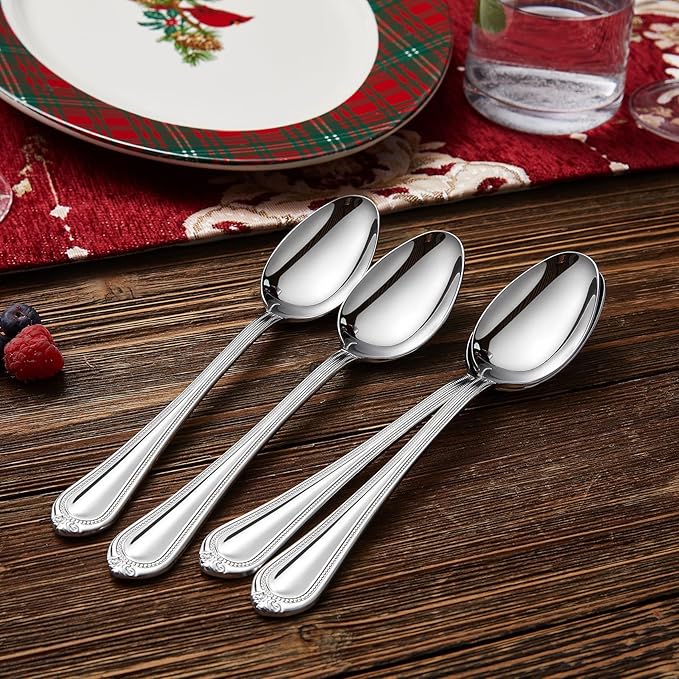 KEAWELL Pearl Edge 4-Piece Premium Spoon Set, 18/10 Stainless Steel, Fine Silverware Spoons with Refined Bead Design, Brightly Polished, Dishwasher Safe (Silver, 7.56" Dinner Spoons)