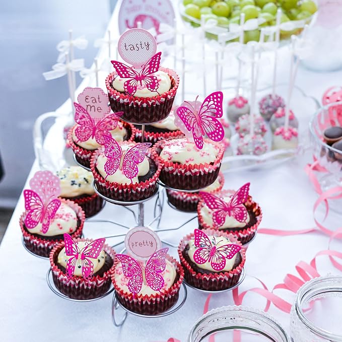 Gyufise 36 Pack Laser Purple Red Glitter 3D Butterfly Cupcake Toppers Hollow Cake Decorations for Birthday Wedding Fairy Party Wall Sticker Decal