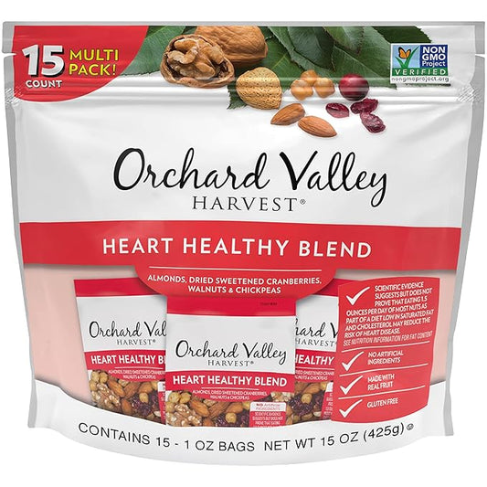 Orchard Valley Harvest Heart Healthy Blend, 1 Ounce Bags (Pack of 15), Almonds, Cranberries, Walnuts, and Chickpeas, Gluten Free, Non-GMO, No Artificial Ingredients, Healthy Snacks for Adults