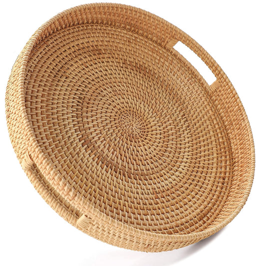 HITOMEN 11.8" Hand-Woven Round Rattan Serving Tray Decorative Wicker Trays with Handles for Coffee