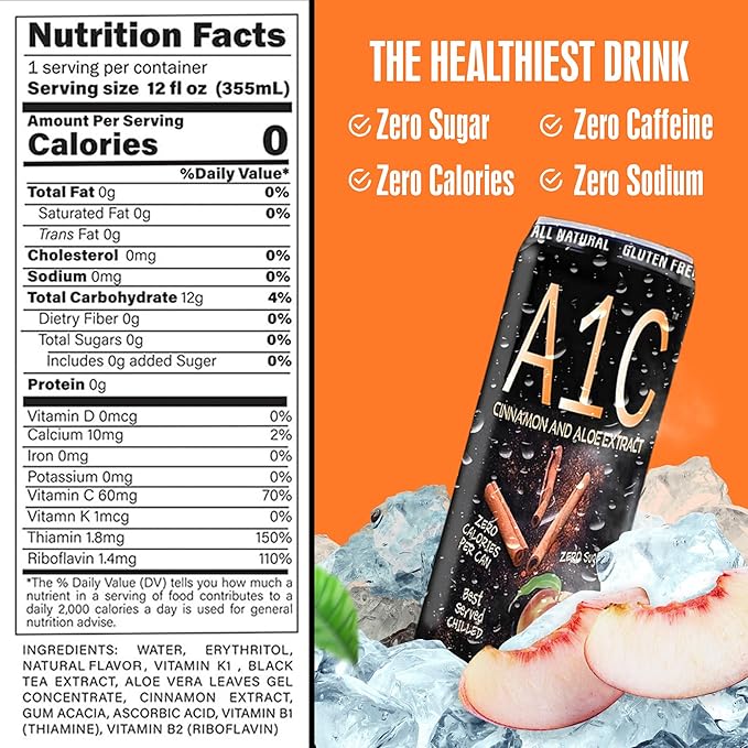 A1C Sugar-Free White Peach Flavored Iced Tea – Zero Calorie Drink with Aloe & Cinnamon Extracts, No Sodium, No Caffeine, Zero Sugar Iced Tea, Made in USA, Refreshing Canned Drink, 12 fl oz (24 Pack)