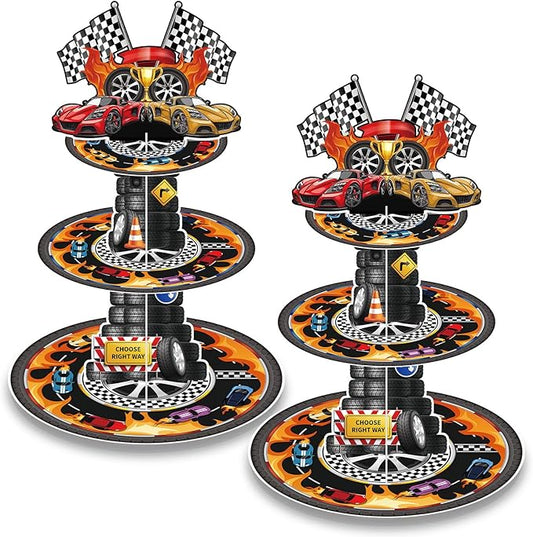 2 Pack Race Car Birthday Party Decorations Race Car Cupcake Stand 3 Tier Racing Cupcake Holder Truck Party Favors for Kids Boys Birthday Baby Shower Supplies
