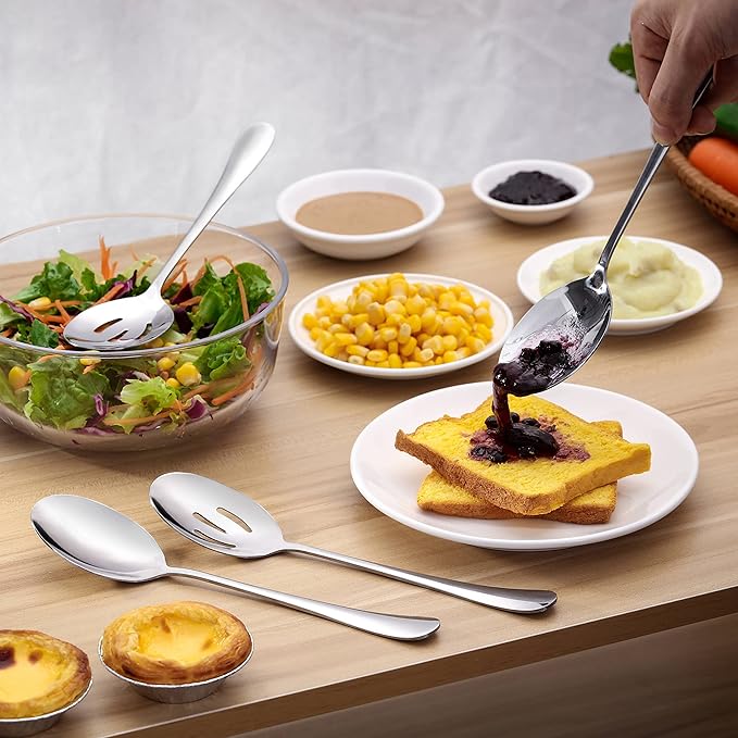 6 Pieces Serving Spoons Set, 8.7 Inch, Includes 3 Serving Spoons and 3 Slotted Spoons, Large Stainless Steel Buffet Banquet Utensils Cutlery Set for Home, Kitchen