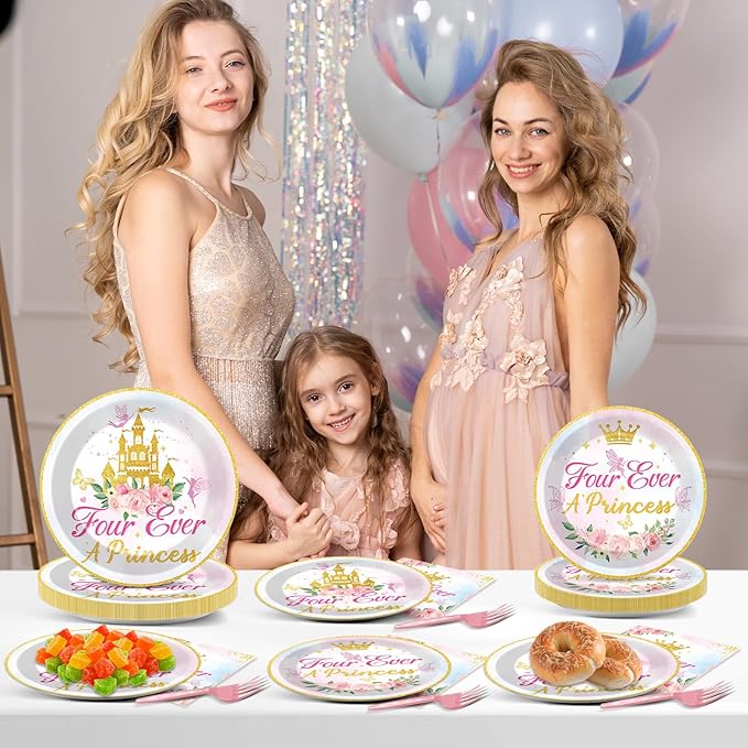 96Pcs Four Ever a Princess Plates and Napkins Girl 4th Birthday Party Decorations Royal Pastel Castle Dessert Disposable Plates Pink & Gold Tableware Set for 24 Guests Floral Fairytale Party Supplies