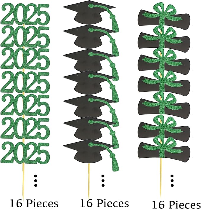 2025 Graduation Cupcake Toppers, 48 PCS Food/Appetizer Picks For Graduation Party Mini Cake Decorations, Diploma, 2025, Grad Cap Set 48 Pieces (04 Green)