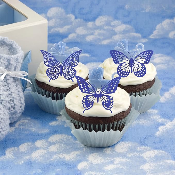 Gyufise 36 Pack Blue 3D Butterfly Cupcake Toppers Hollow Butterfly Cake Decorations for Birthday Wedding Fairy Party Butterfly Wall Sticker Decal for Background Wall Decoration