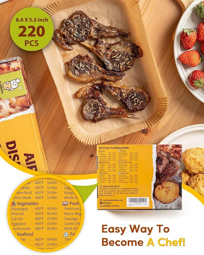 Katbite 220PCS DZ201 Air Fryer Liners Disposable, 8.6x5.5'' Rectangle Airfryer Paper Liners for Dual Air Fryer, Oil-Proof Parchment Paper for Foodi DZ401, FG551