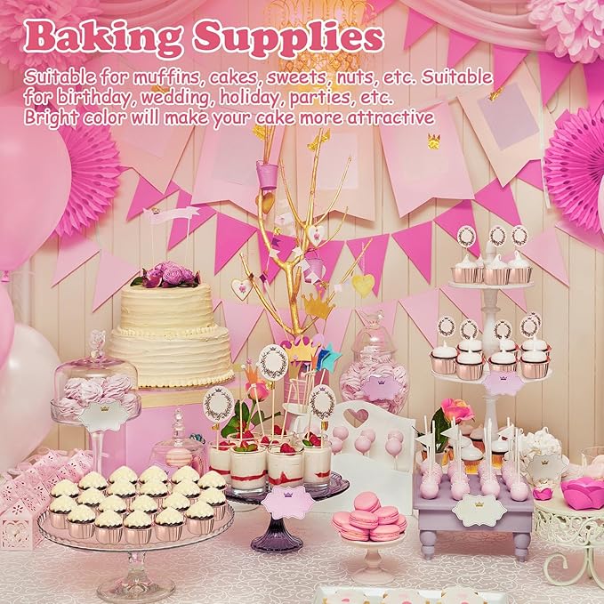 300 Pack Rose Gold Cupcake Liners Bulk Disposable Foil Muffin Cups 3.5 oz Wrappers for Baking Aluminum Paper Mini Metallic Disposable Holiday Party Wedding Festival Supply