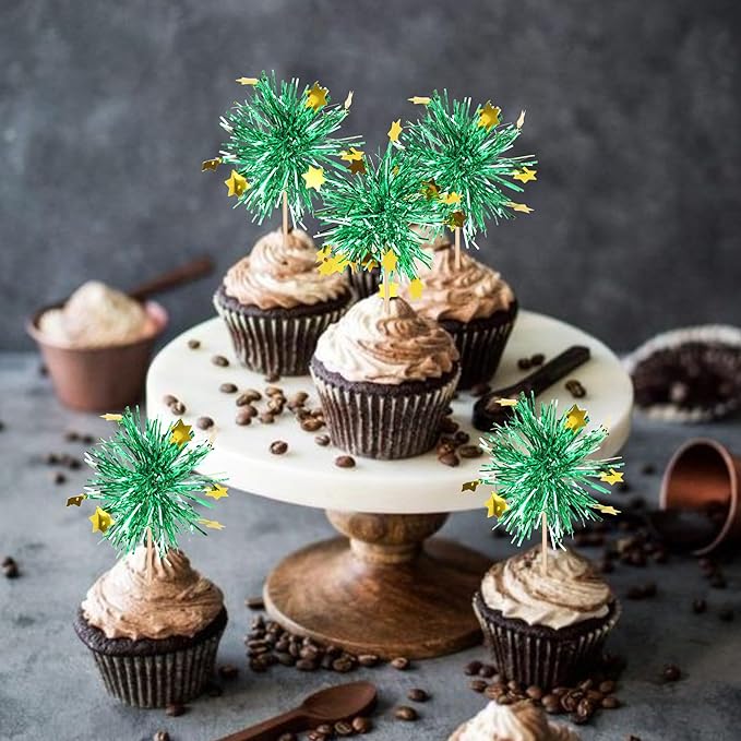 Rsstarxi 30 Pack Foil Firework Cupcake Toppers Birthday Sparkle Tinsel Drink Cake Decorations Cocktail Picks for New Years Valentine's Day Birthday Wedding Graduation Party Decorations Green
