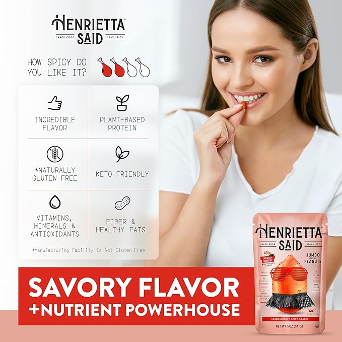 Henrietta Said Wing-Flavored Peanuts - Truly Good Foods Snacking Nuts - Bold Flavors - Savory & Spicy - Jumbo Flavored Peanuts - Protein Packed Vegan Snack - 1 (5-oz) Pack - Ancho Kimchi