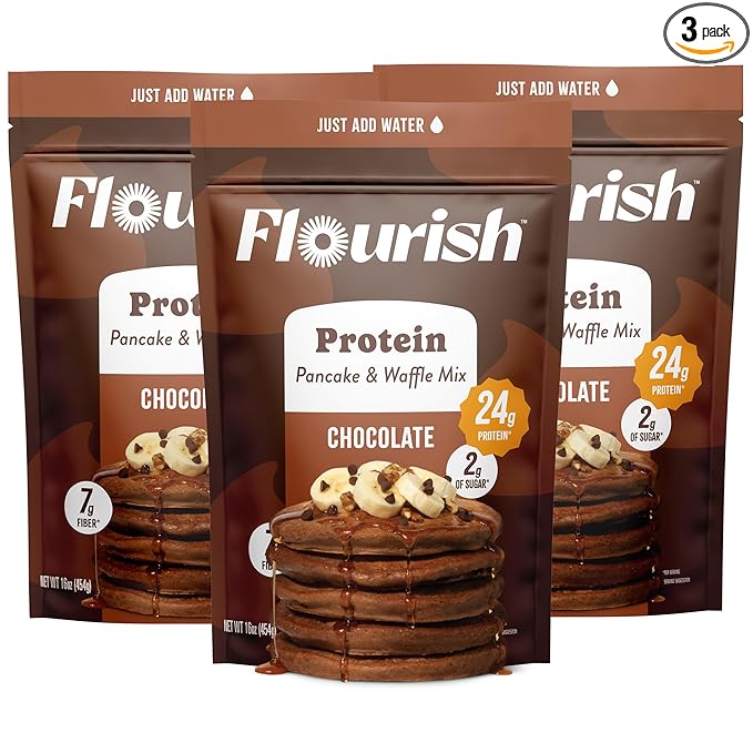 Flourish Protein Pancake & Waffle Mix, with Whey Protein & Flax Seed, No Added Sugar, High in Protein & Fiber - Just Add Water - Chocolate Flavour, 430g (3 Pack) - Made in Canada