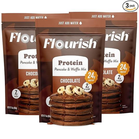 Flourish Protein Pancake & Waffle Mix, with Whey Protein & Flax Seed, No Added Sugar, High in Protein & Fiber - Just Add Water - Chocolate Flavour, 430g (3 Pack) - Made in Canada