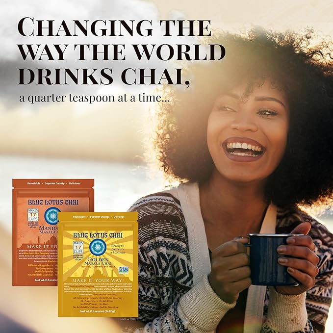 Blue Lotus Chai - Golden Masala Flavor Chai - Makes 17 Cups - 0.5 Ounce Masala Spiced Chai Powder with Organic Spices - Instant Indian Tea No Steeping - No Gluten