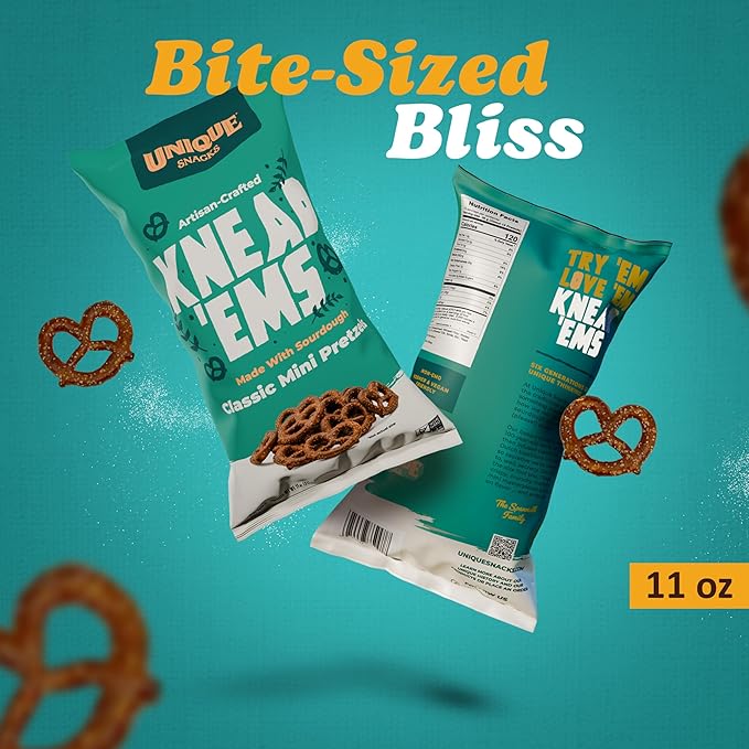 Unique Snacks Knead 'Ems, Sourdough Mini Pretzels, Artisan-Crafted Vegan Snacks, Non-GMO, Kosher Chips, 11 oz. Snack Bags, Pack of 12