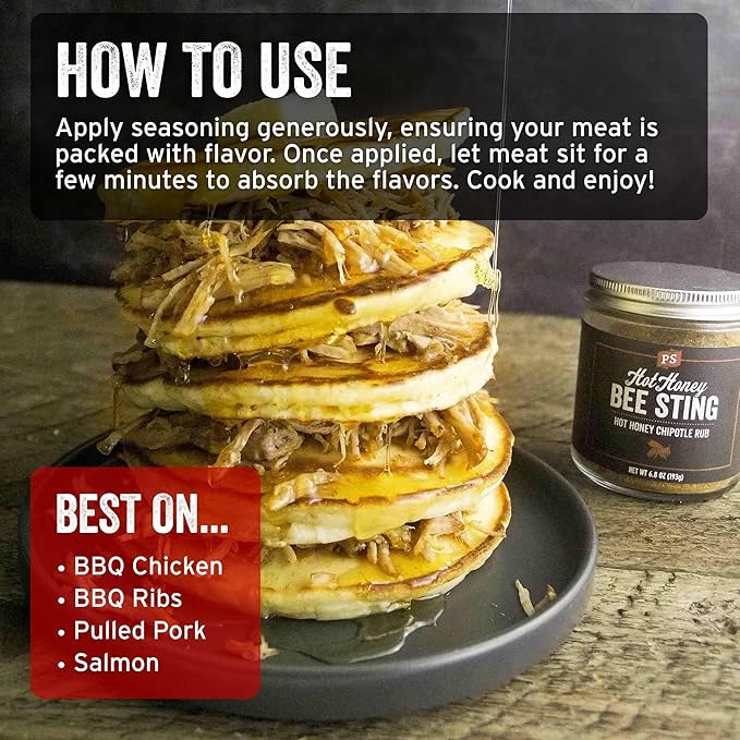 PS Seasoning Bee Sting - Hot Honey Chipotle BBQ Seasoning and Rubs for Smoking, Grilling, Baking - Sweet and Spicy Chipotle Flavor, Dry BBQ Rubs and Spices for Grilling Steaks, Pork, Chicken, Beef