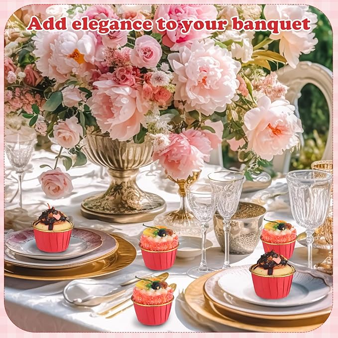 300 Pack Red Gold Cupcake Cups Bulk Disposable Foil Muffin Liners 3.5 oz Wrappers for Baking Aluminum Paper Mini Metallic Disposable Holiday Party Wedding Festival Supply