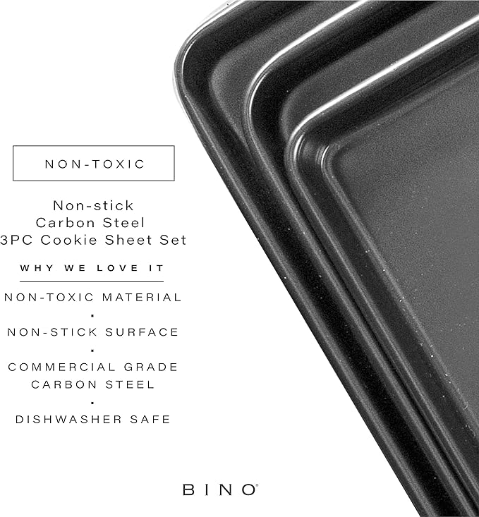 BINO Bakeware Nonstick Cookie Sheet Baking Tray Set, 3-Piece - Gunmetal | Non Stick Baking Pans Set | Carbon Steel Tray Bakeware Sets | Oven Safe | Cookie Sheet Pans | Food-Safe