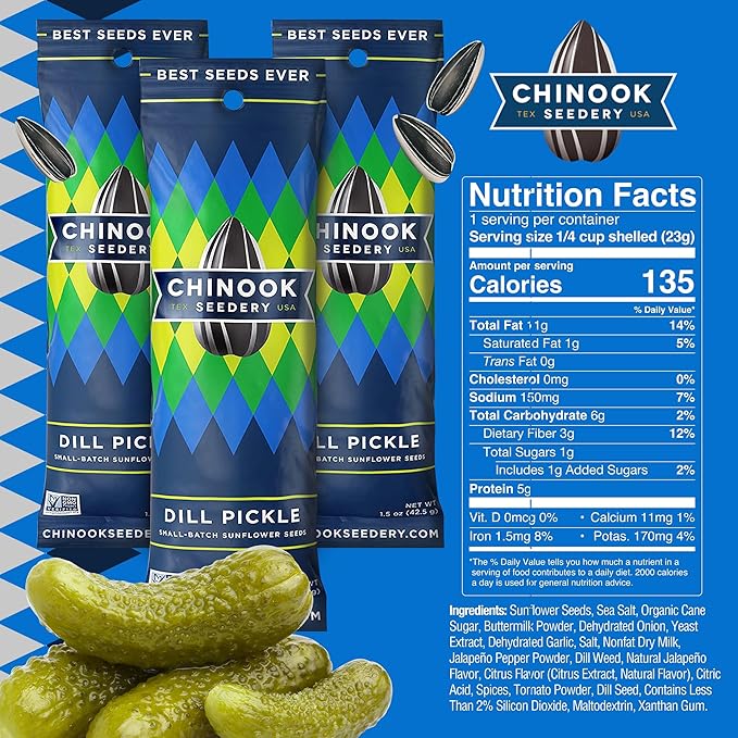 Chinook Seedery Roasted Sunflower Seeds to Eat - 1.5 oz (Pack of 36) Dill Pickle - Jumbo Low Sodium Sunflower Seeds Keto Snacks - Adventure, Baseball, School Snacks - Gluten Free, Non GMO Snacks
