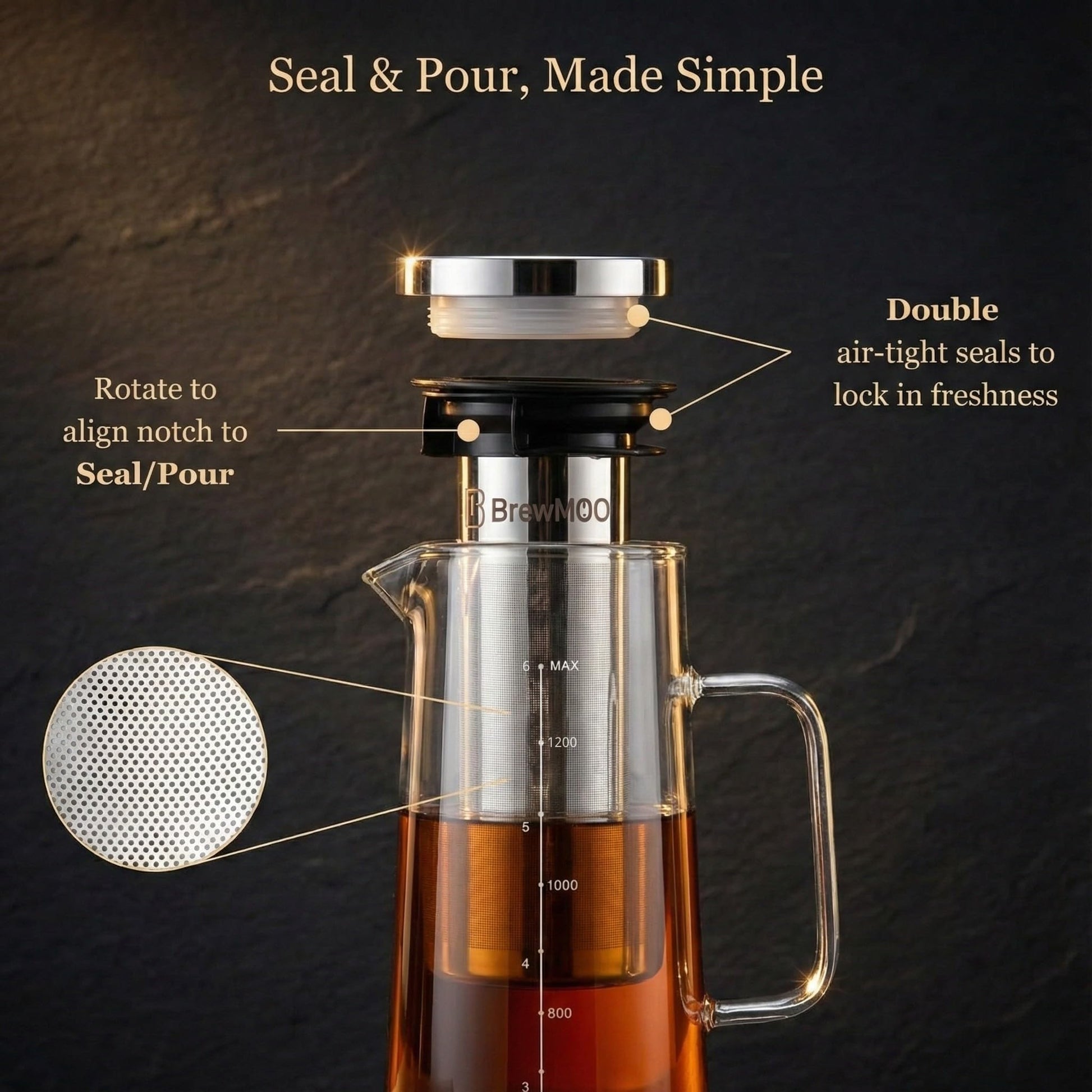 BrewMOO- Airtight Cold Brew Coffee Maker Pitcher, 1.4L/48Oz Thick Glass Carafe with Filter, Comfort