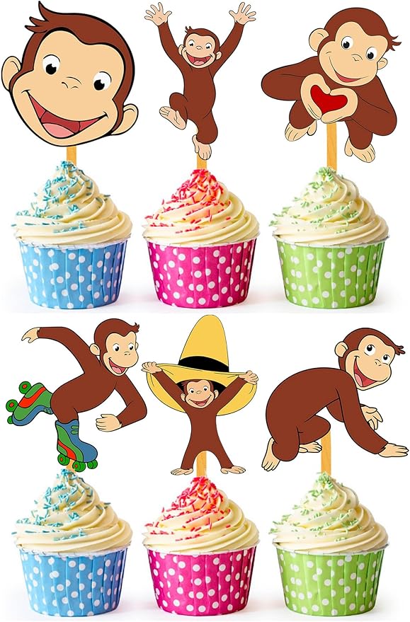 24x Curious Monkey Cupcake Toppers ??Strong Picks Happy Birthday D챕cor, Cupcake Decorations for Kids Birthdays