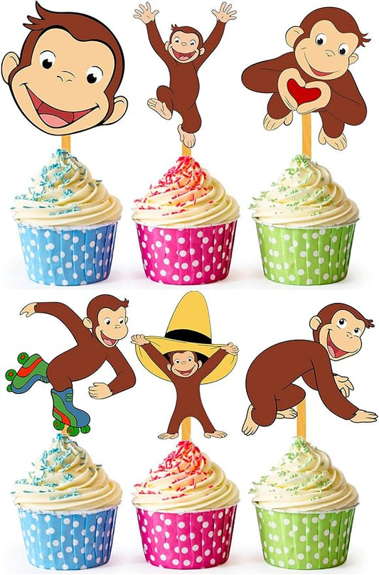 24x Curious Monkey Cupcake Toppers ??Strong Picks Happy Birthday D챕cor, Cupcake Decorations for Kids Birthdays