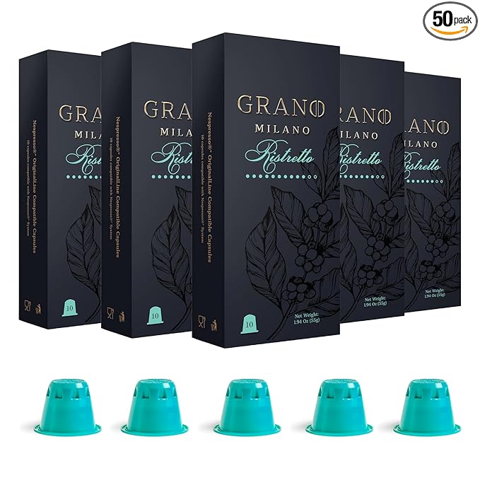 Grano Milano Ristretto - 50 Espresso Pods Compatible with Nespresso Original line, Medium Roast - Intensity 10/12, Espresso Coffee Capsules Made in Italy