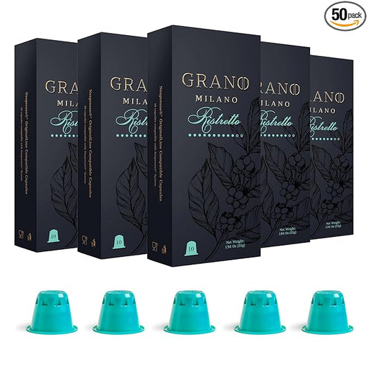 Grano Milano Ristretto - 50 Espresso Pods Compatible with Nespresso Original line, Medium Roast - Intensity 10/12, Espresso Coffee Capsules Made in Italy
