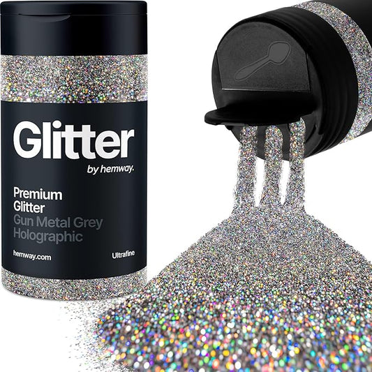 Hemway Premium Glitter Shaker - Gun Metal Grey Holographic | 130g Ultrafine Metallic Flake Sequins for Resin & Epoxy Crafts | Craft Supplies for Tumblers, Festival, Art