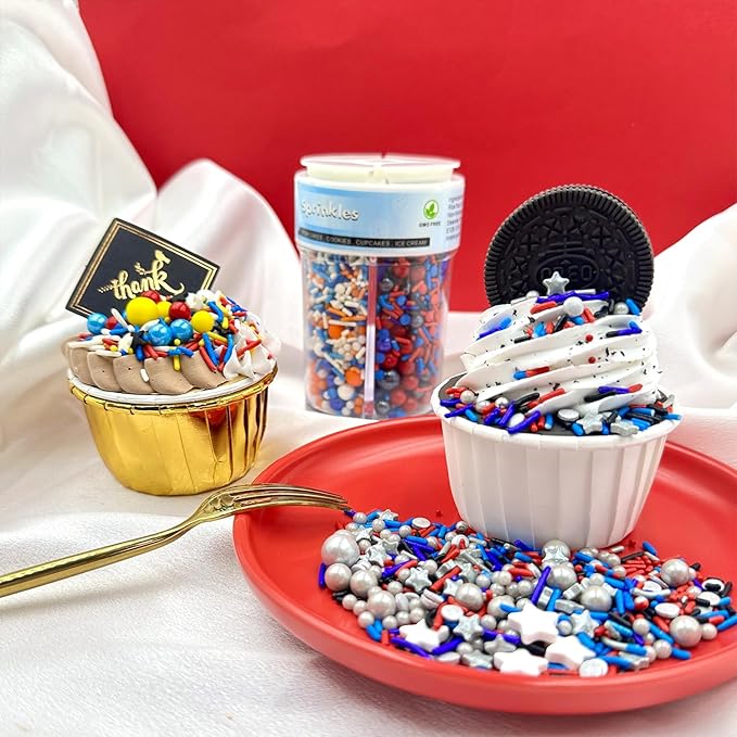 Sprinkles for Cake Decorating, Fancy Red Blue White and Orange Pearl Star Jimmies Cake Sprinkles Mix for Cookie Baking Ice Cream Cupcake