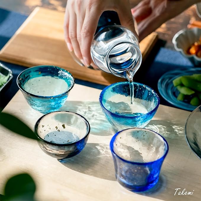 Japanese sake glass Handcrafted Mini Glass Set Elegant Japanese Sake Cups Perfect for Any Occasion Made in Japan (Four Ocean Blues (4 pcs), Sake Glass (1.7-2.9 fl oz))