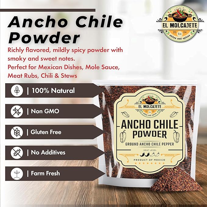 Ancho Chile Powder 4 oz Premium Single Ingredient From Mexico El Molcajete Brand for Sauces, Salsa, Pasta, Chili, Meat, Pizza, Potatoes, Vegetables, Soups, Stews, Chicken and BBQ