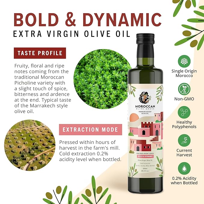 MOROCCAN OLIVE GROVE - The Red Olive Oil, Bold & Dynamic Cold-Pressed Desert Olive Oil Extra Virgin, Versatile Cooking Essential Made from Single-Origin Fresh Olives, 2-Pack, 500 ml per Bottle