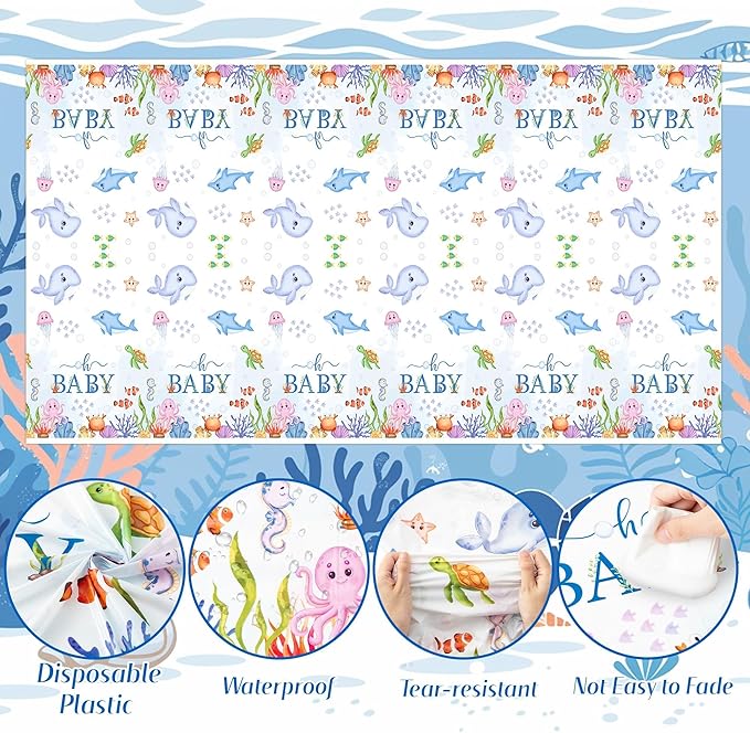 Ocean Party Tablecloths - 3Pcs Watercolor Ocean Animal Birthday Table Covers, Under the Sea Themed Party Decorations Plastic Disposable Rectangular Table Cloth Decor for Kids Birthday Baby Shower