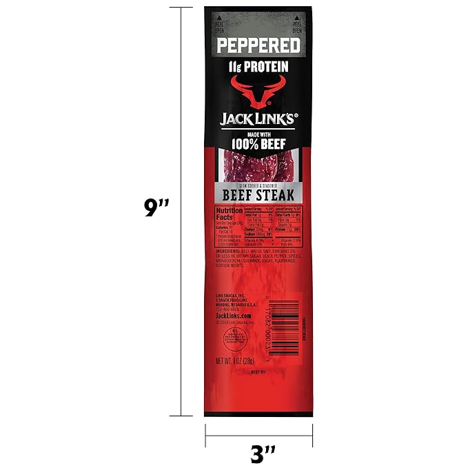 Jack Link's Beef Steak, Peppered - Protein Snacks, Meat Snack with 11g of Protein, Made with 100% Beef, Individually Wrapped Bulk Snack Pack, Keto Friendly - 1 Oz. (12 Count)