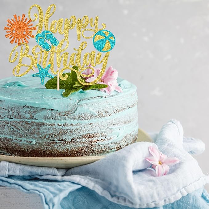 Rsstarxi 1 Pack Summer Beach Happy Birthday Cake Topper Slippers Sun Umbrella Starfish Summer Pool Cake Pick for Hawaiian Holiday Pool Theme Birthday Party Cake Decorations Gold
