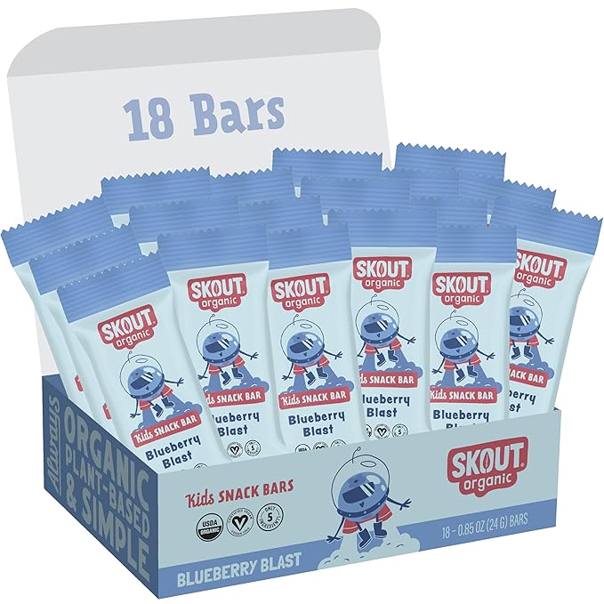 SKOUT Organic Blueberry Blast Real Kids Snack Bars (18 Pack) | Organic Kids Snack Bars | Plant-Based Nutrition, No Added Sugar | Vegan | Gluten, Dairy, Grain, Peanut, Tree Nut & Soy Free