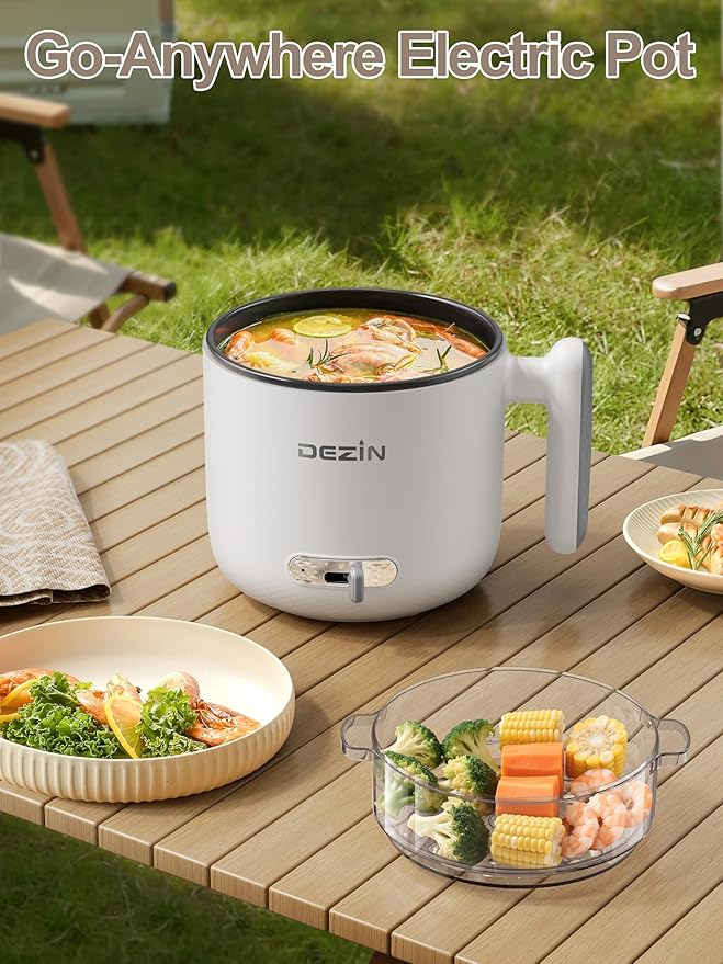 Dezin Hot Pot Electric with Steamer, 1.8L Ramen Cooker Dual Power, Portable Non-Stick Electric Pot for Soup, Pasta, Egg, Oatmeal, Overheat & Boil-Dry Protection, Ideal for Dorm, Office