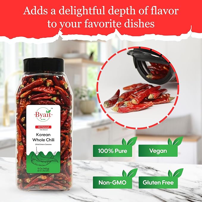Byait Korean Whole Chili Peppers 5 Oz, Pure Red Chilies for Authentic Korean Cooking, Kimchi, Seasoning, Jeonche Gochu, Perfect for Soups, Stews, Stir-Fries & Spice Blends
