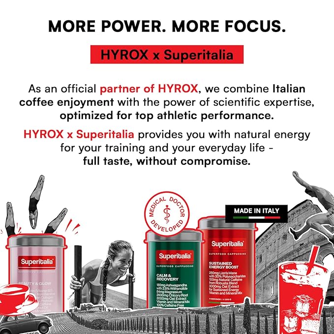 Sustained Energy Boost (11 servings) - Instant Coffee - Mushroom Coffee with Lion's Mane, Vitamins & Minerals - Superfood Cappuccino by Superitalia - official partner of Hyrox - Made in Italy