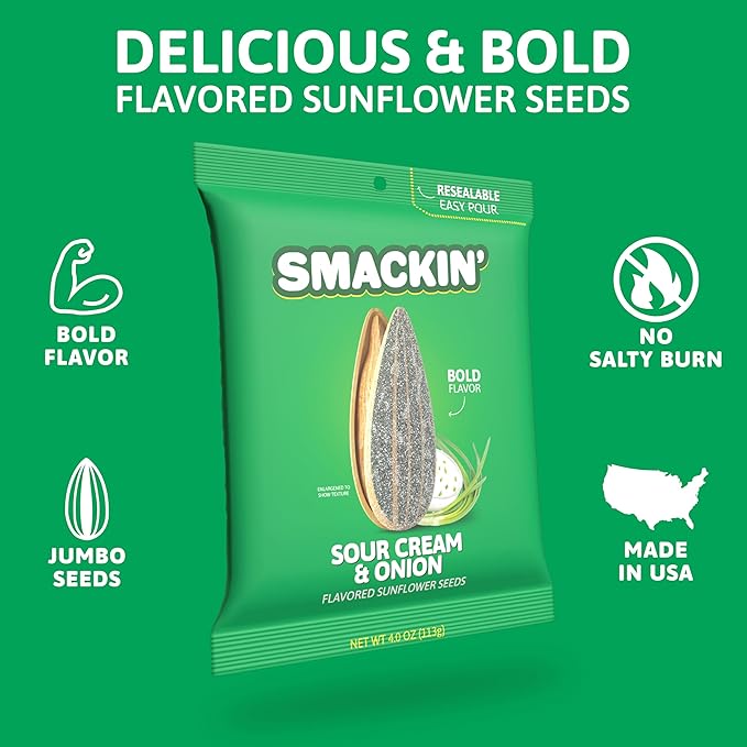 SMACKIN' - Jumbo Roasted Sunflower Seeds, No Salty Burn, American Made, Easy Pour & Seal - Sour Cream & Onion, 4oz bag (12 Bags)