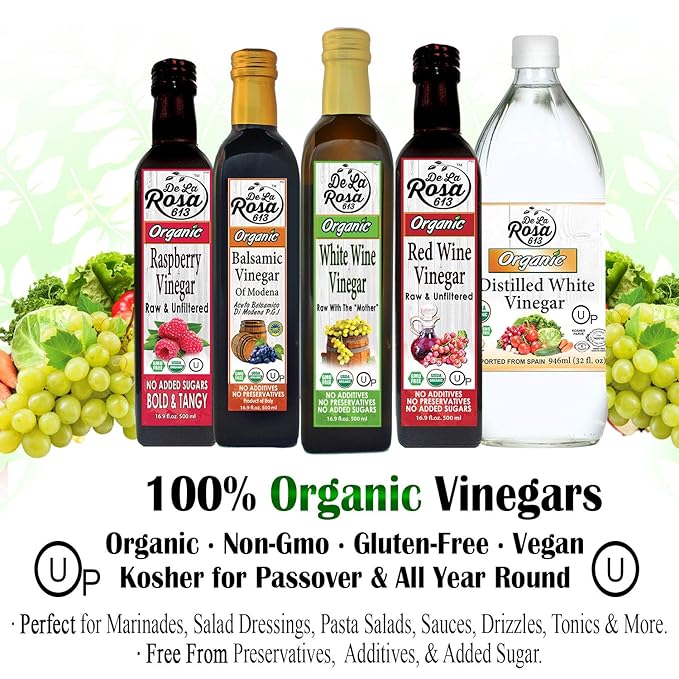 De La Rosa Organic Red & White Wine Vinegar, Raw & Unfiltered, with the “Mother”, Kosher for Passover, Vegan, Non-GMO & Gluten Free, Great for Salad Dressings & More 16.9 Oz (Pack of 2)
