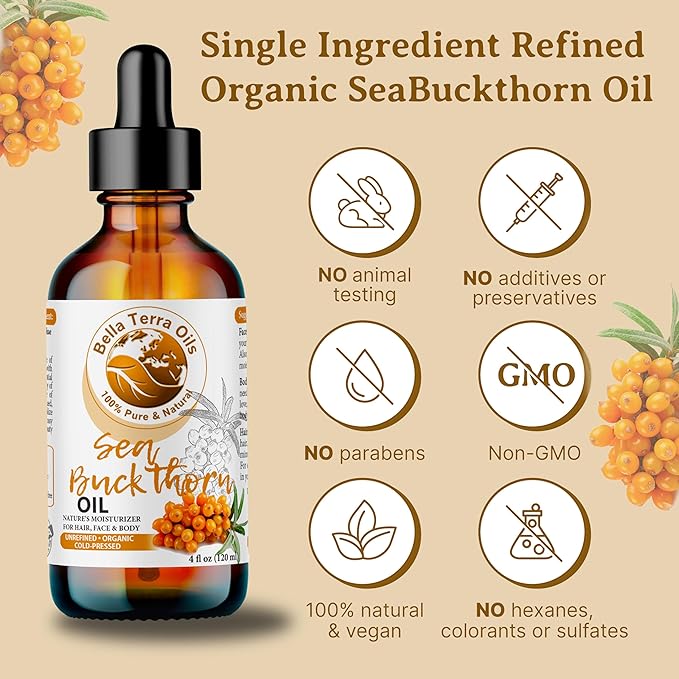 Bella Terra Oils Pure Sea Buckthorn Oil ??1gallon, Enhances Hair and Skin Appearance, Rich in Nutrients, Non-Greasy, Quick Absorbing