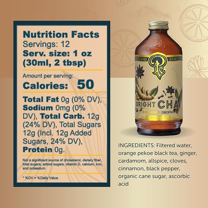 Portland Syrups Bright Chai Syrup - For Coffee, Cocktails, Mocktails & Sodas - Premium Concentrate - Orange Pekoe Tea, Ginger, Cinnamon & Cardamom - Rich Chai Flavor - 12 oz, 24 Servings (Pack of 2)