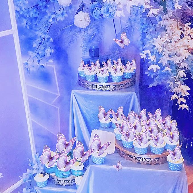 30pcs Bule Purple Mixed Size Lively 3D Waterproof Butterfly Cupcake Topper for Girls Women's Happy Birthday Wedding Party Cake Wall Party Food Decorations