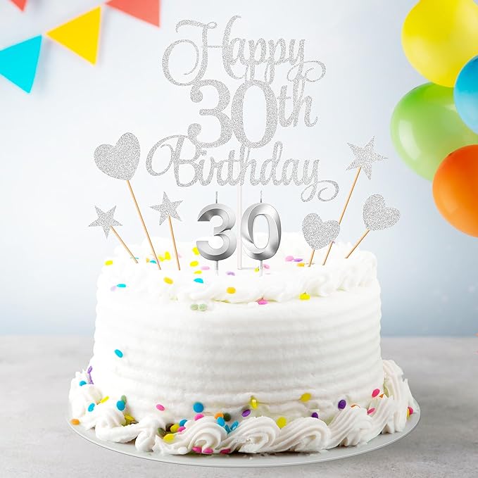 30th Birthday Cake Toppers, 30th Birthday Candles Numeral Candles and Glitter Cake Decorations Toppers Set for Party Supplies (Silver)