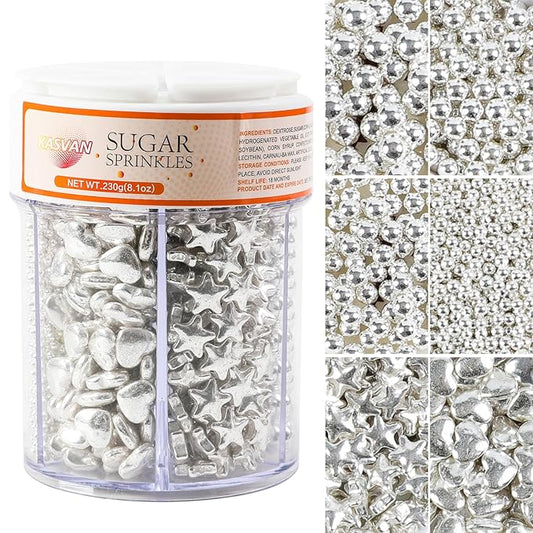 Kasvan Silver Pearl Sugar Sprinkles, 6 Sizes Mix for Cake Decorating, 230g/8.1oz, Ice Cream Toppings and Cookie Decorating, Wedding Party Chirstmas Supplies (Silver)