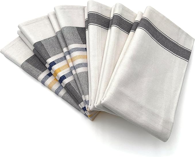 Lincoln & Palm Natural Cotton Tea Towels, 27 x 19, Set of 6 Herringbone Kitchen Dish Towels, Flour Sack Flat Woven for Drying Dishes, Hands, or Bread Proofing, Striped, Patterned Designs (Light Gray)
